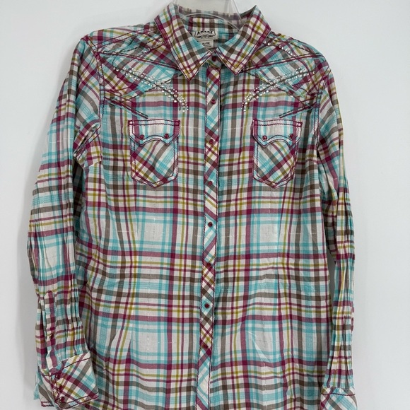 Ariat Women's Long Sleeve Top Plaid Pearl Snap Shirt Size XL Sequins Western - Picture 4 of 10